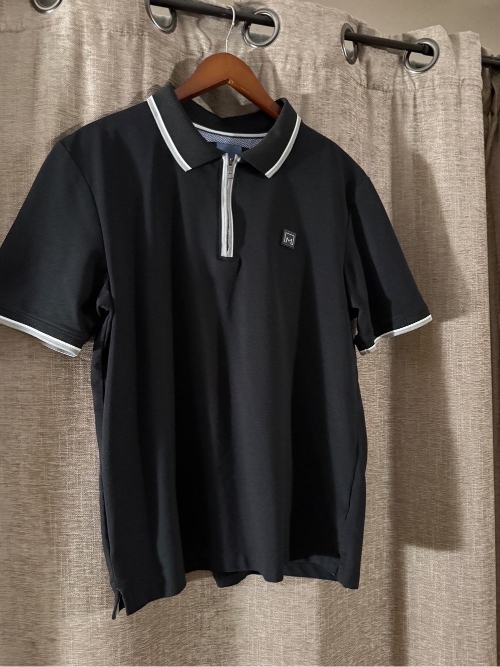 Men's Black Short-Sleeve Polo with Zip Placket and Contrast Trim